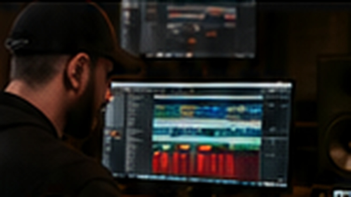 Modern music producer working in a professional music production studio