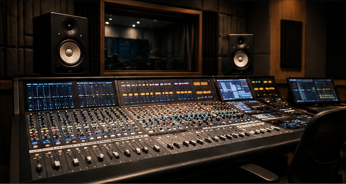 Professional audio mixing suite with studio console for music production