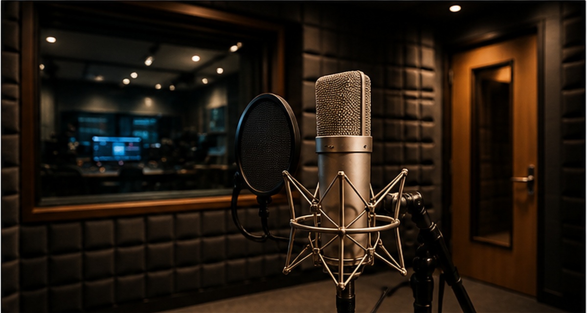 Professional recording studio with condenser microphone at LV Prasad College of Media Studies